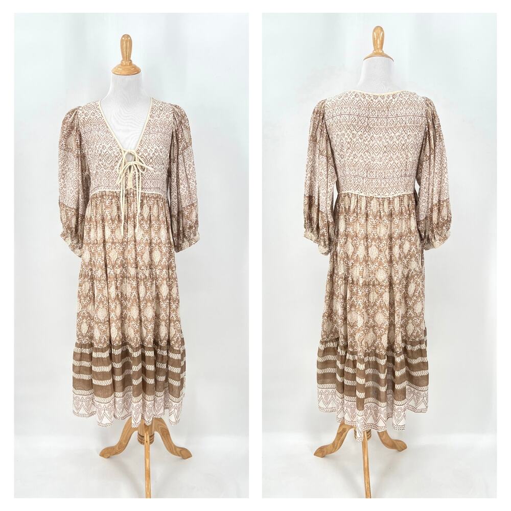 DAUGHTERS OF INDIA Jasmine Midi Dress Women Small White Brown Block Print Cotton - Picture 4 of 16